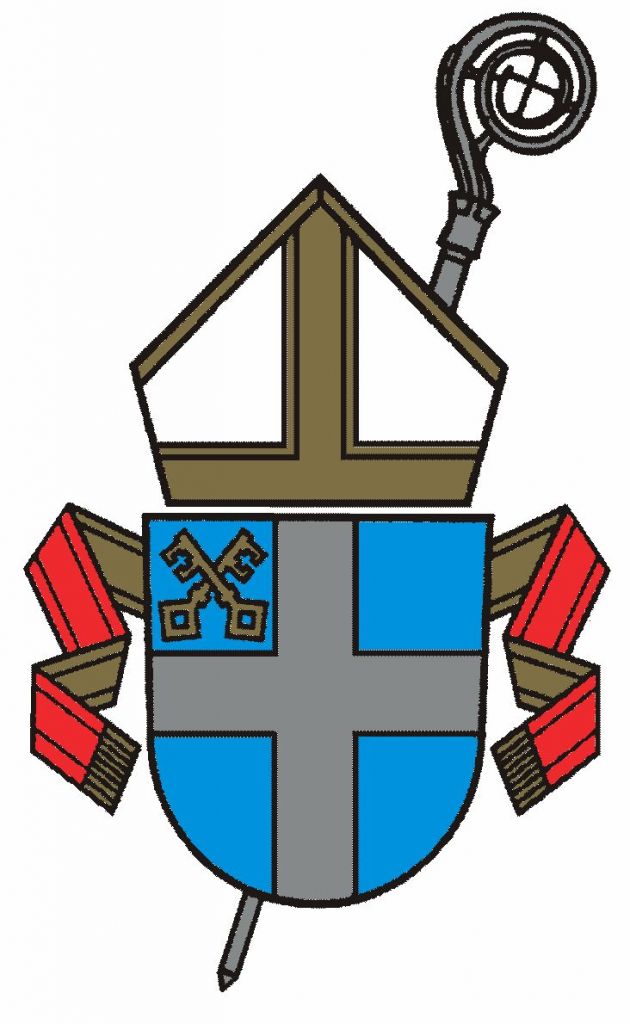 Kuvassa näkyvät sinisellä pohjalla hopeainen risti kahden avaimen kera eli piispan vaakuna, päähine ja sauva.