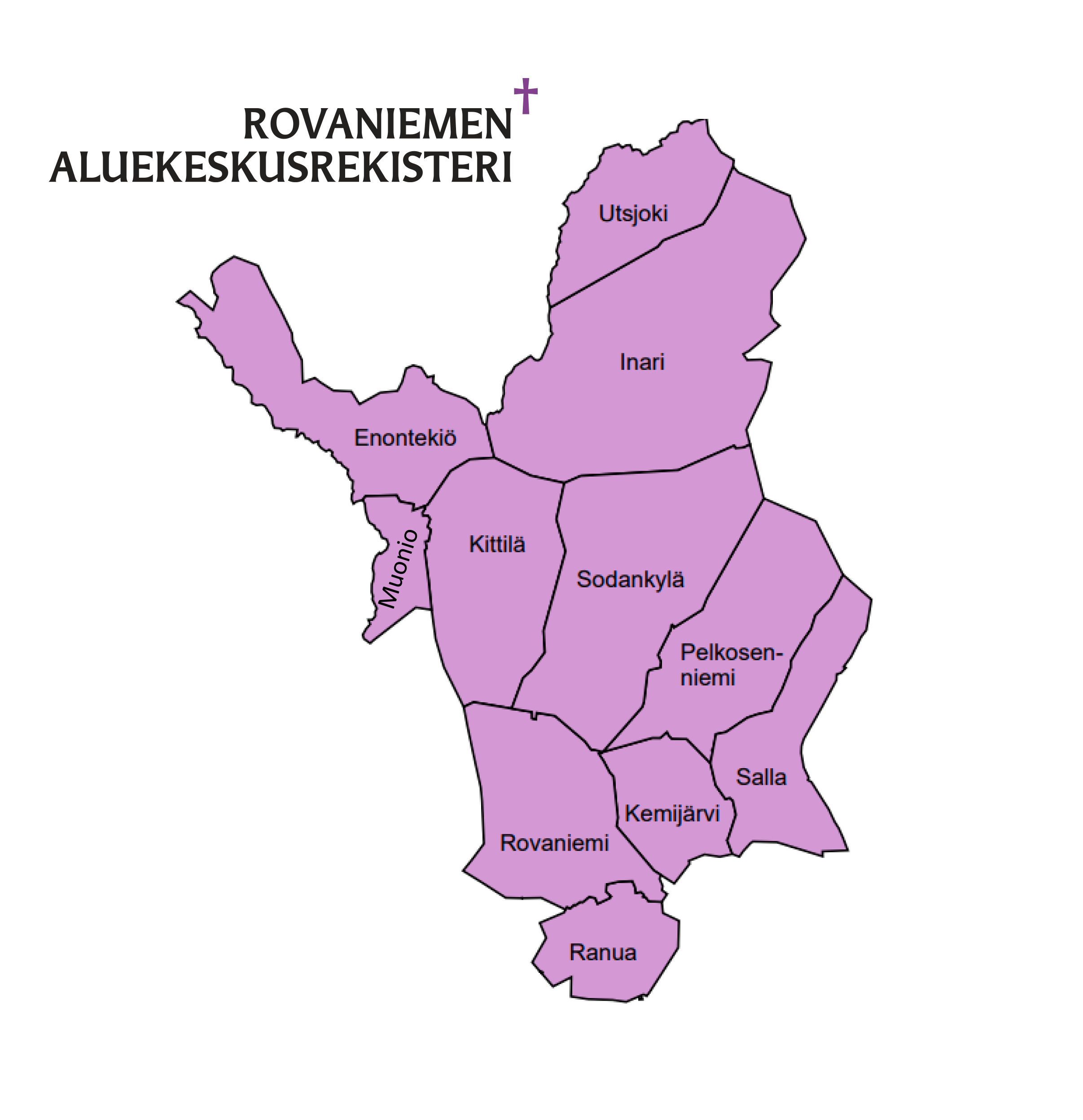 Kartta Rovaniemen aluekeskusrekisterin alueesta.