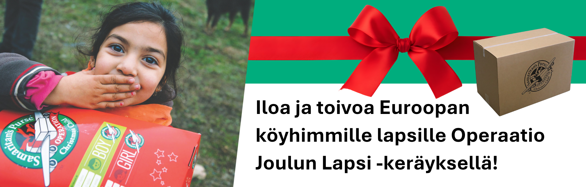 Tyttö, jonka sylissä Lähetyssäätiön lahjalaatikko. Yläbannerissa punainen rusetti vihreällä pohjalla. Tekst...