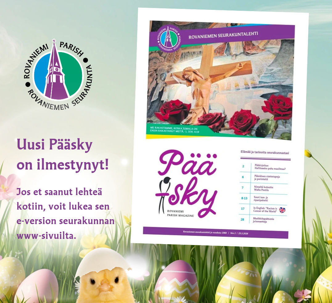Kuvassa näkyy Rovaniemen seurakunnan logo ja tietoa Pääsiäis-Pääskyn ilmestymisestä sekä sen kansi.