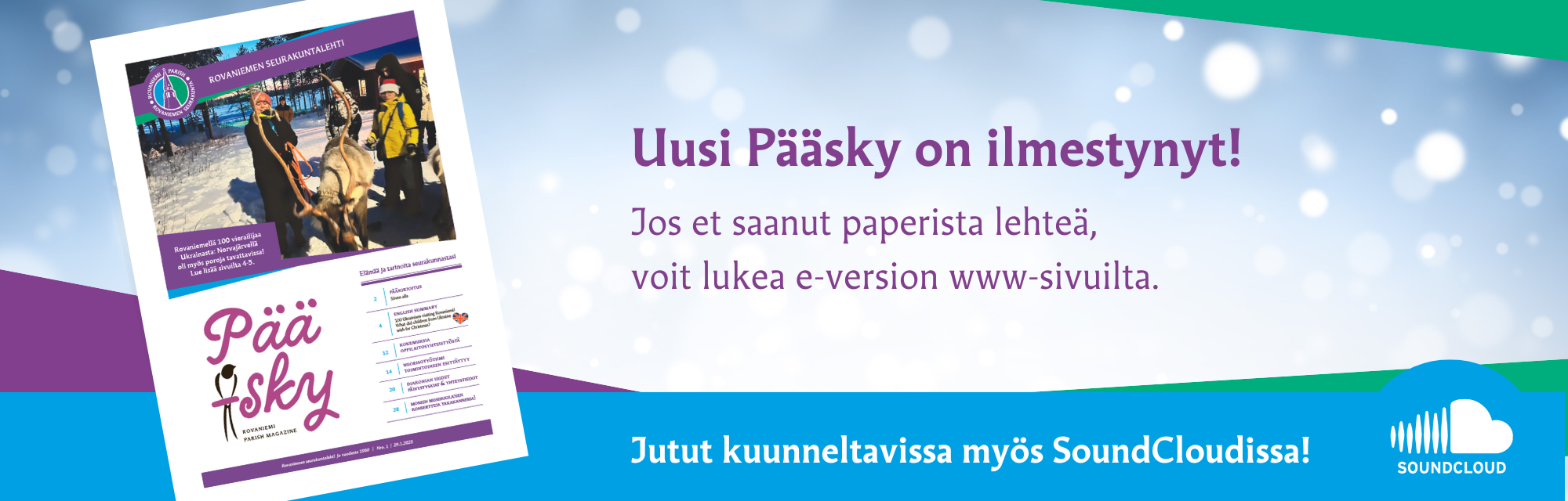 Seurakuntalehti Pääskyn kansikuva. Voit kuunnella jutut myös SoundCloudista!