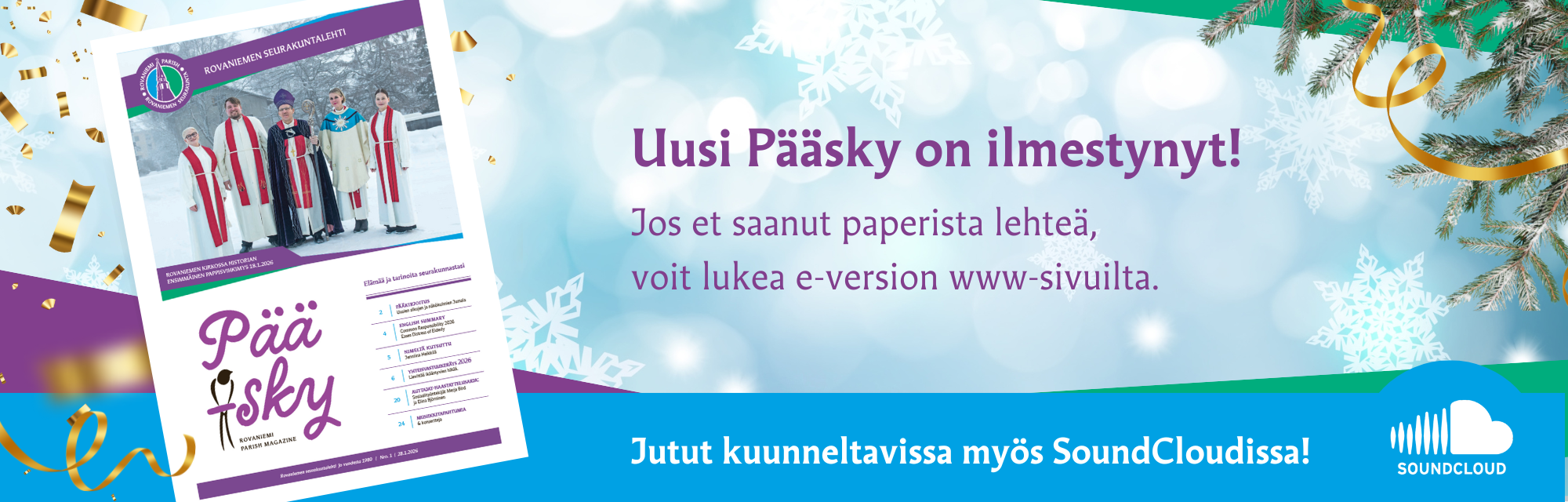 Pääsky -lehden kansikuva, jonka kansikuvassa on piispa Jukka Keskitalo, Jenniina Heikkilä, Onni sydänlähde ...