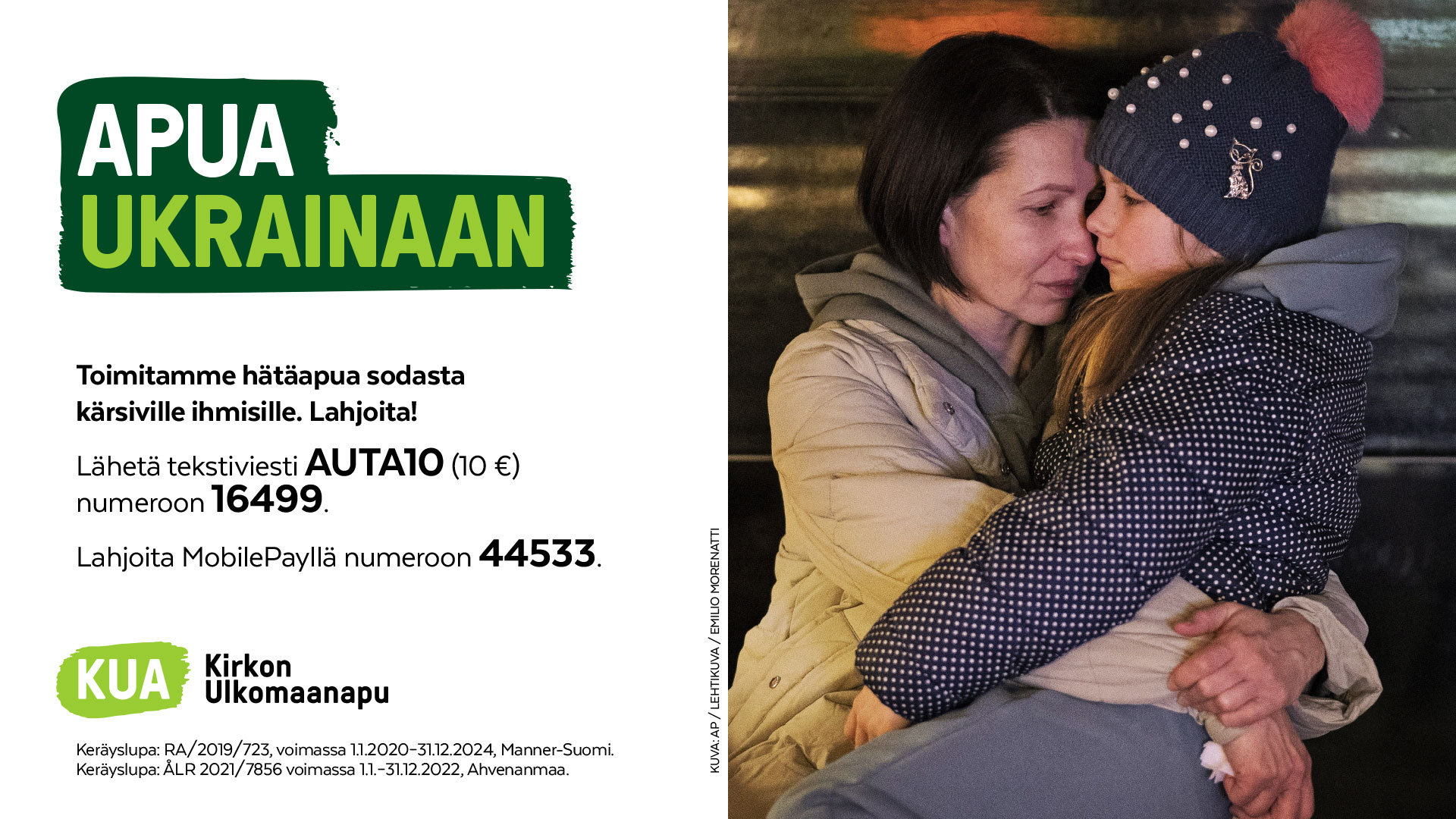 Apua Ukrainaan -keräystietoa ja kuvassa äiti lapsi sylissään