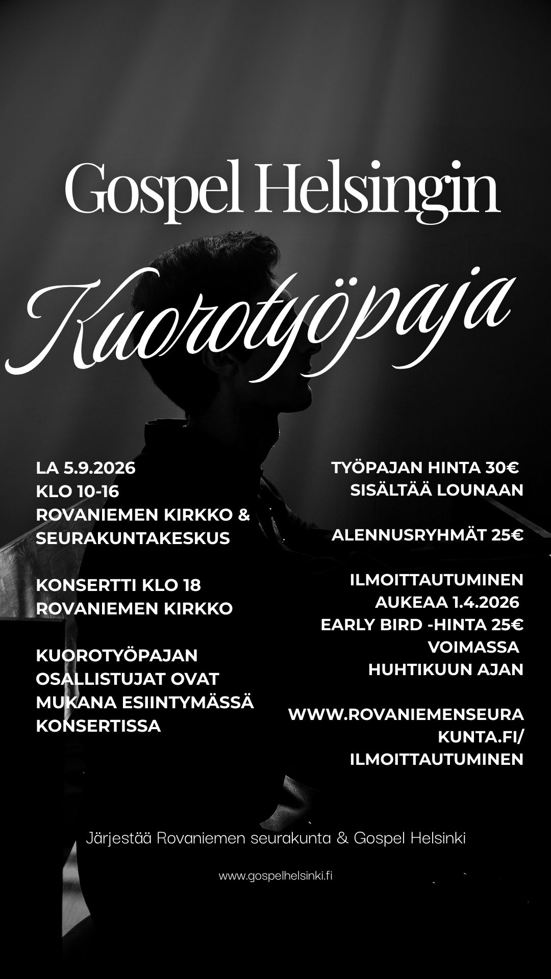 mustalla pohjalla laulan sivuprofiili ja valkoisella infotekstit