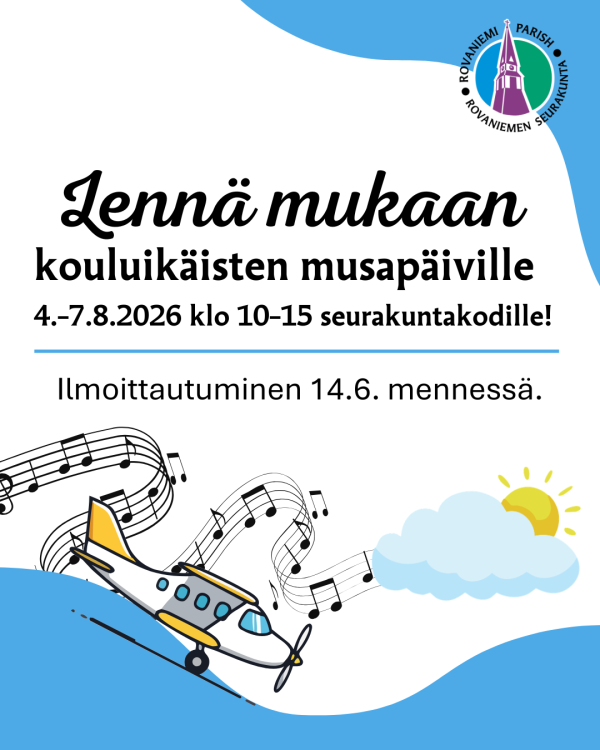 Teksti Lennä mukaan kouluikäisten musapäiville. Lentokone, aurinko ja pilvi.