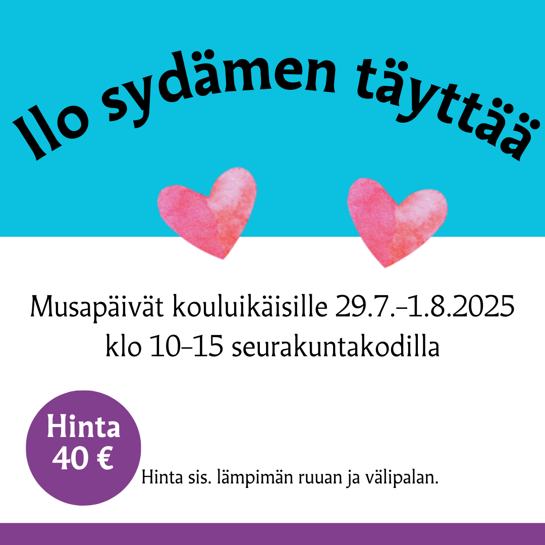Ilo sydämen täyttää -musapäivät koululaisille Sinivalkoinen tausta. Kaksi vaaleanpunaista sydäntä. Tekstit Ilo sydämen täyttää. Musapäivät kouluikäisille.