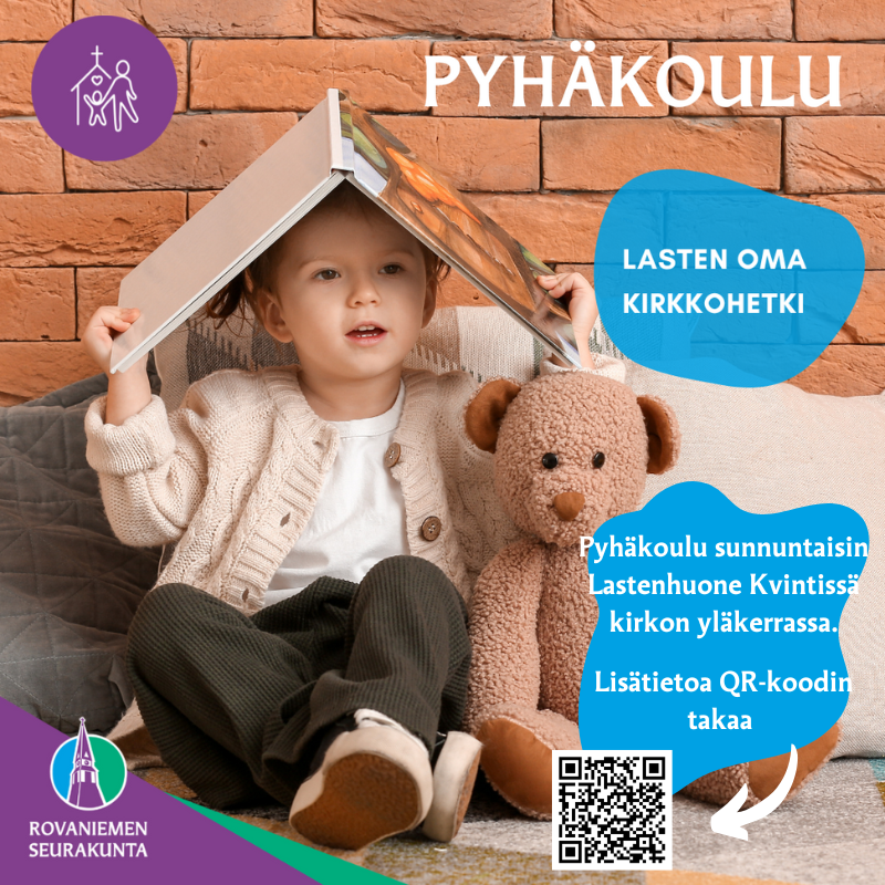 Lapsi pitää leikkisästi kirjaa päänpäällä, hänen vieressään on nalle. 