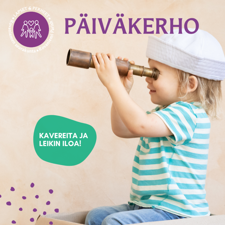 Pieni lapsi katsoo kaukoputkella ja istuu pahvilaatikossa merimieshattu päässä.