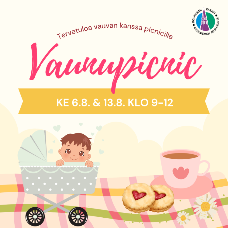 Vaunupicnic, vauva vaunuissa, kahvikuppi ja keksi. 