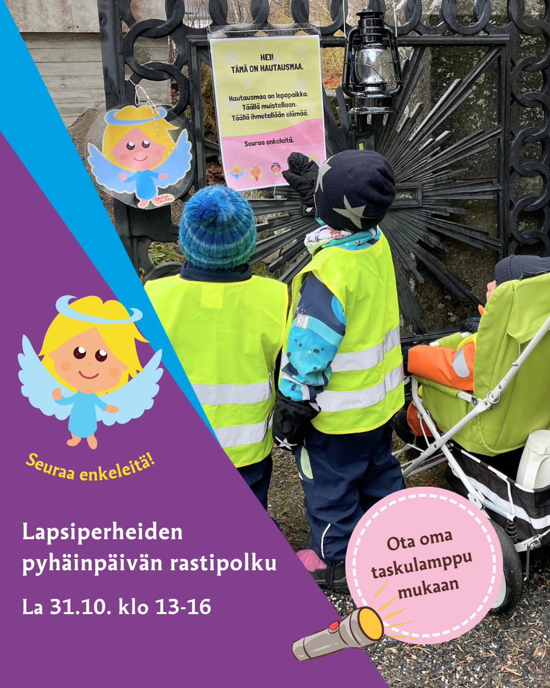 Lapset hautausmaalla tekemässä rastipolun tehtäviä.