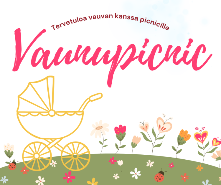 Piirros lastenvaunut kukkaniityllä.