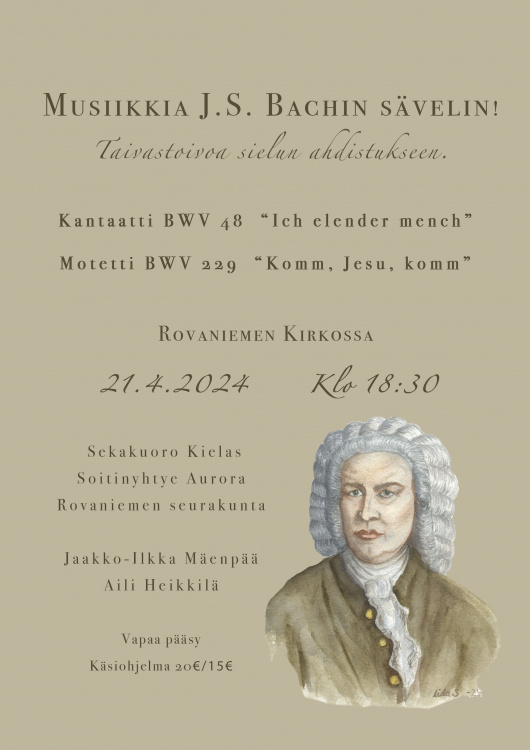 Vaaleanruskealla taustalla J.S.Bachin kuva ja konsertin infotekstit
