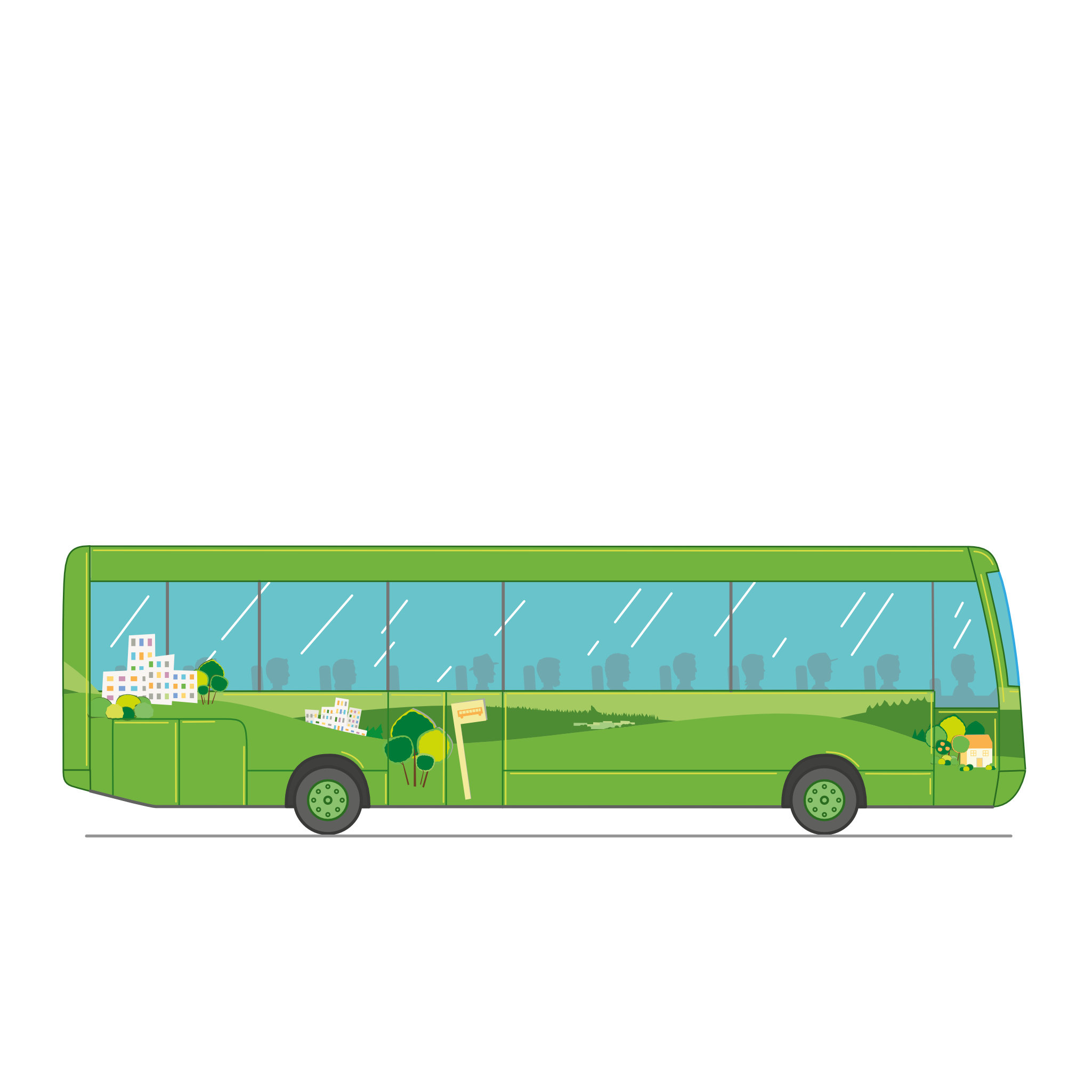 Kuvassa bussi tai linja-auto, jonka kyljessä on kuvia puistomaisemista