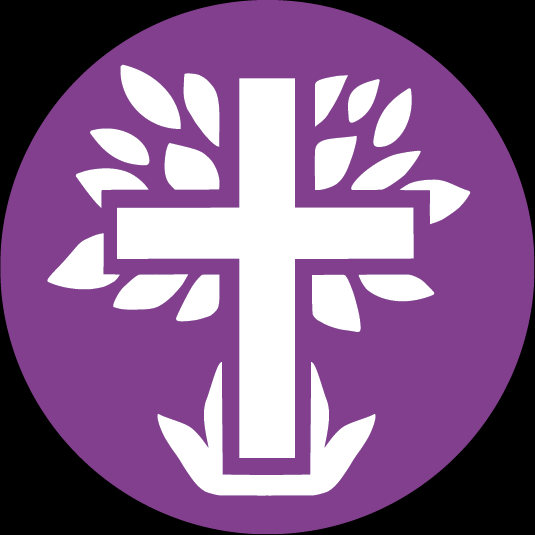 isoslogo. puu tai risti jossa lehtiä