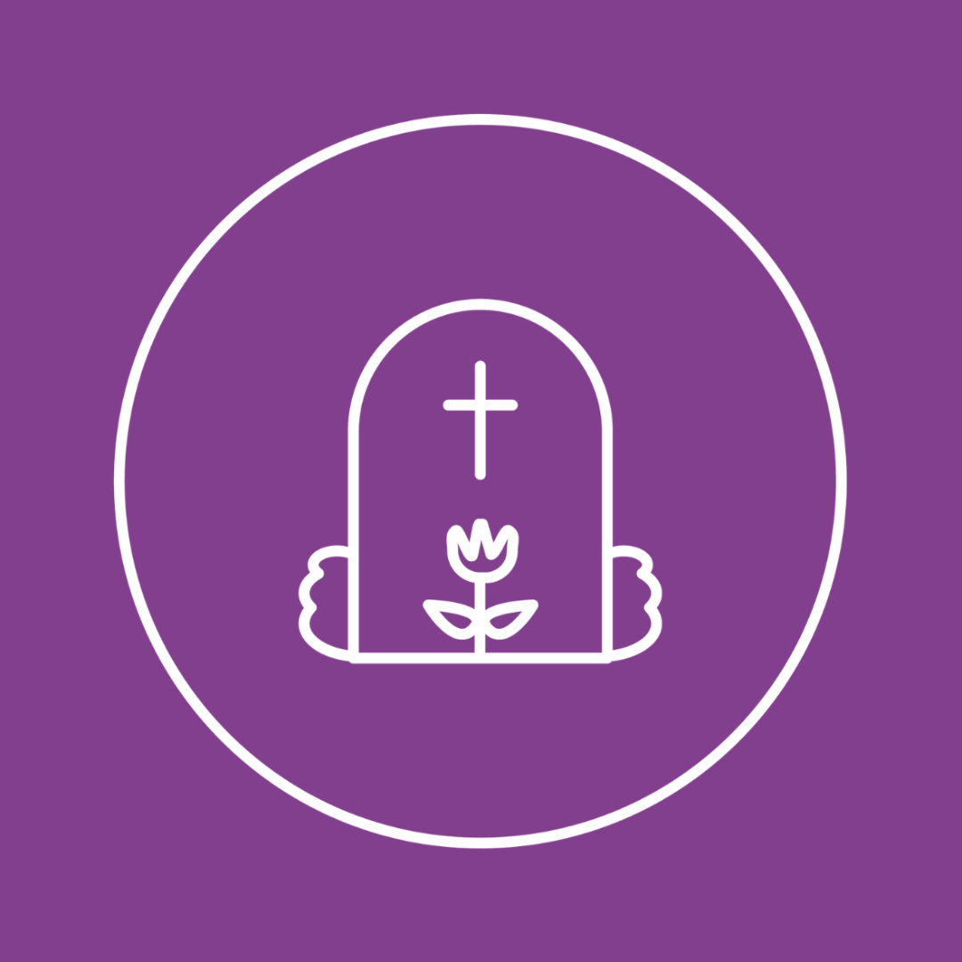 Hautaustoimen kuvake violetilla pohjalla.