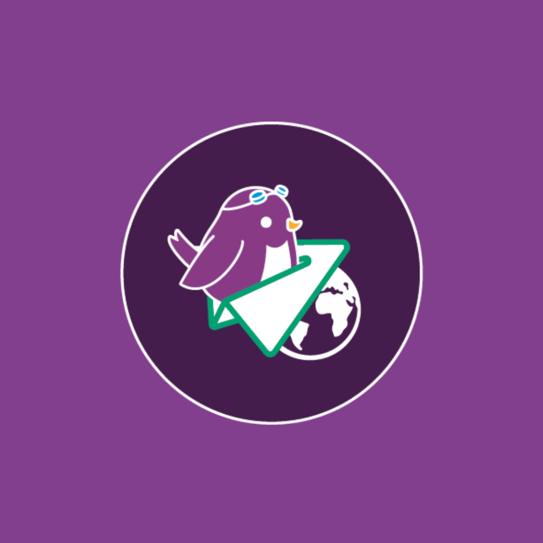 Kansainvälisen uutiskirjeen kuvake violetilla pohjalla.